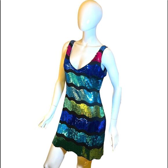 Frederick’s  of Hollywood Bright Color Block Sequin Tank Slip Mini Dress L Neon - Picture 1 of 15